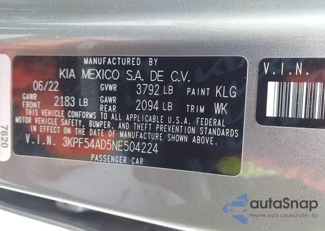 2022 Kia Forte Gt-Line z USA, uszkodzony, nr VIN 3KPF54AD5NE504224